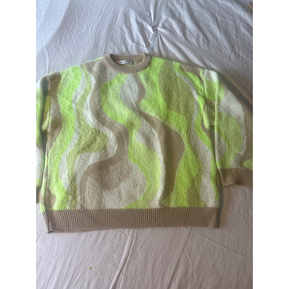 Bershka Sweater Womens Medium Neon Green Tan Good Wavy Abstract Knit Crewneck